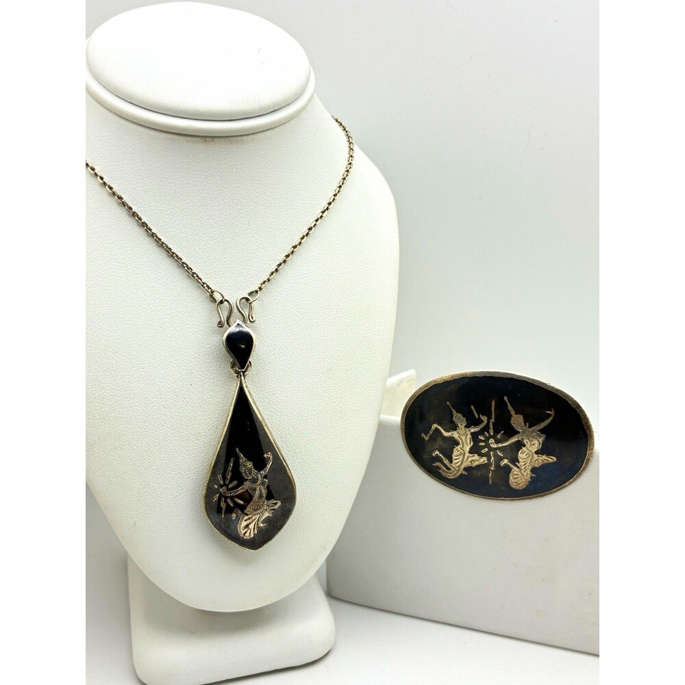 Siam Sterling 925 Black Enamel Engraved Signed Necklace & Brooch Set Thai Dancer
